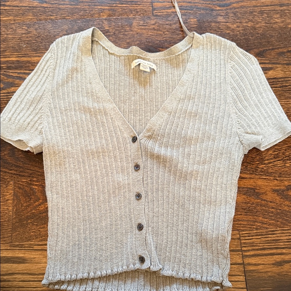 American Eagle Outfitters Beige Ribbed Button-Down Shirt
